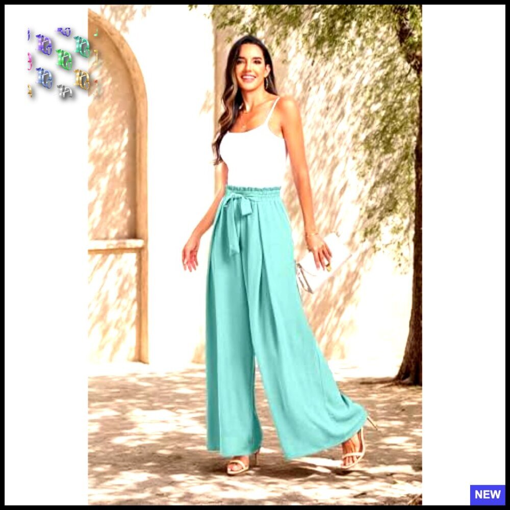 Wide Leg Palazzo Pants High Waisted Tie Knot Trousers Flowy Work Casual - Picture 2 of 7